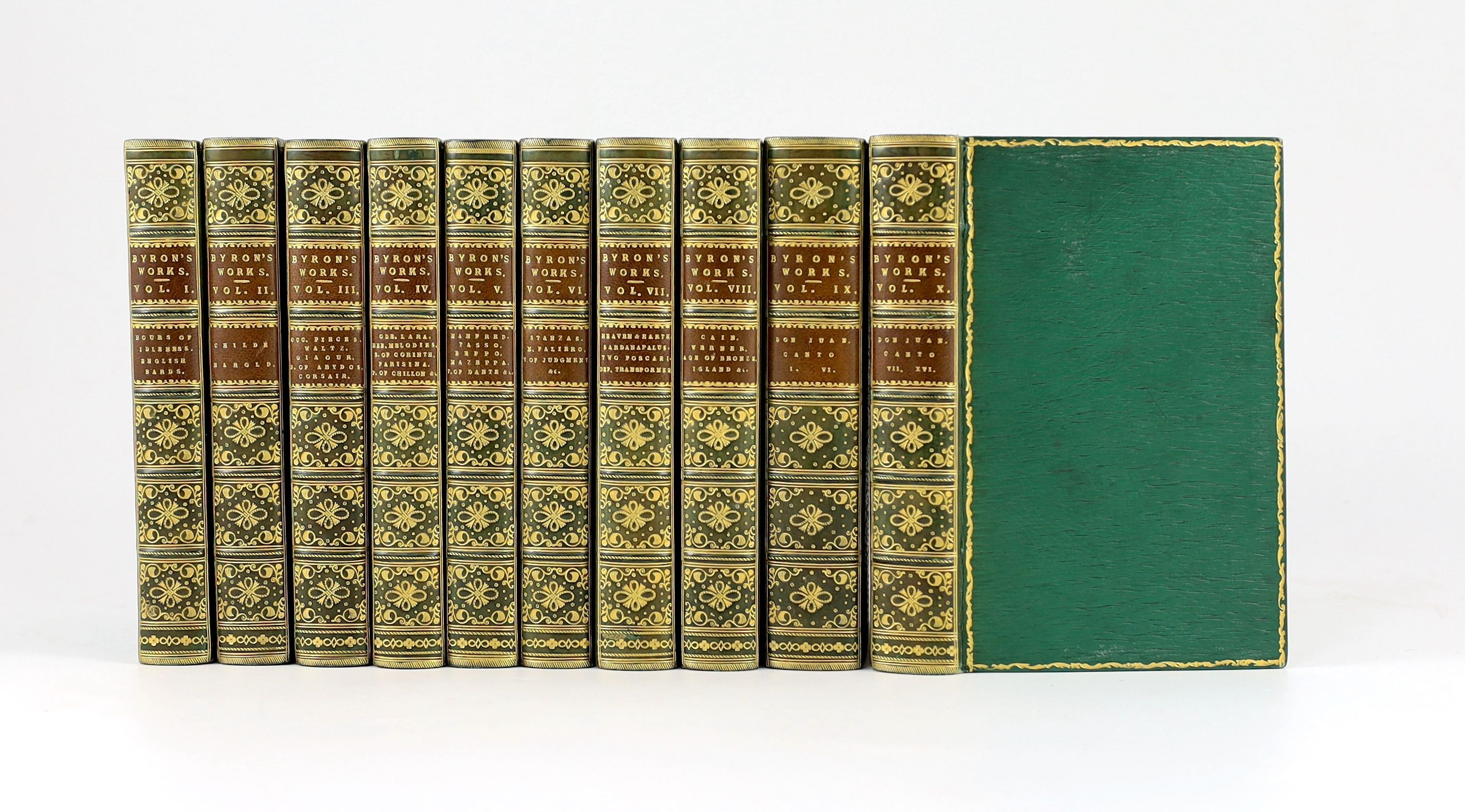 Byron, George Gordon Noel, Lord - The Poetical Works, 10 vols, 8vo, green grained morocco gilt by Riviere, with engraved frontises and additional pictorial title pages, John Murray, London, 1854